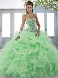 Trendy Apple Green Ball Gowns Beading and Ruffles Quince Ball Gowns Lace Up Organza Sleeveless