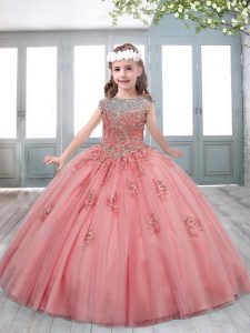 Discount Sleeveless Sweep Train Beading and Appliques Lace Up Little Girls Pageant Dress Wholesale