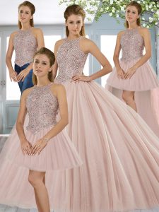 Halter Top Sleeveless 15 Quinceanera Dress Sweep Train Beading Pink Tulle