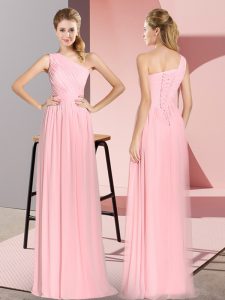 High End Pink Empire One Shoulder Sleeveless Chiffon Floor Length Lace Up Ruching