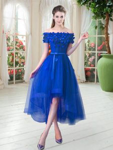 Royal Blue Short Sleeves Appliques High Low Prom Evening Gown