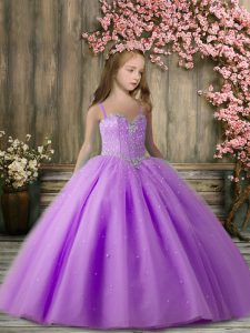 Dazzling Purple Sleeveless Beading Floor Length Pageant Dress