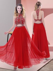 Elegant Red Two Pieces Chiffon Halter Top Sleeveless Beading Ankle Length Backless