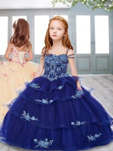 Royal Blue Sleeveless Tulle Lace Up Little Girl Pageant Dress for Party and Wedding Party