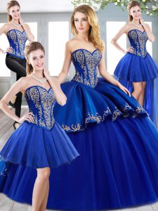 Modern Sweetheart Sleeveless Tulle Quince Ball Gowns Beading and Embroidery Sweep Train Lace Up