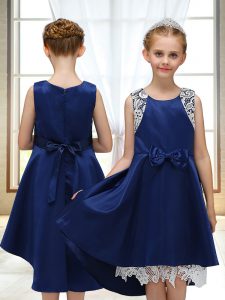 Navy Blue Sleeveless Lace and Bowknot High Low Flower Girl Dress