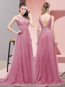 Best Selling Pink Empire Scoop Sleeveless Tulle Sweep Train Lace Up Lace Prom Dress