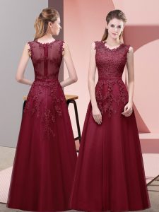 Romantic Burgundy A-line Tulle Scoop Sleeveless Lace and Appliques and Belt Floor Length Zipper Prom Evening Gown