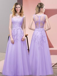 Lavender A-line Lace Homecoming Dress Zipper Tulle Sleeveless Floor Length