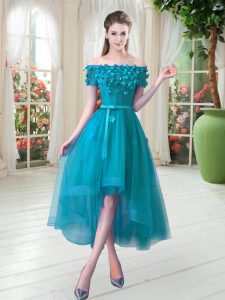 Hot Sale Teal Tulle Lace Up Off The Shoulder Short Sleeves High Low Prom Gown Appliques