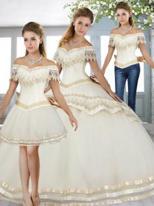 Suitable White Tulle Lace Up Off The Shoulder Short Sleeves Floor Length Vestidos de Quinceanera Beading and Lace