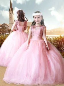 Sleeveless Tulle Floor Length Lace Up Kids Pageant Dress in Baby Pink with Beading
