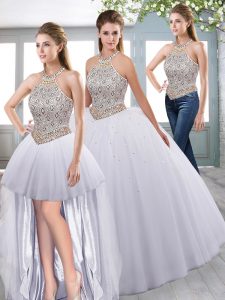 Tulle Halter Top Sleeveless Lace Up Beading and Lace Quinceanera Dress in White