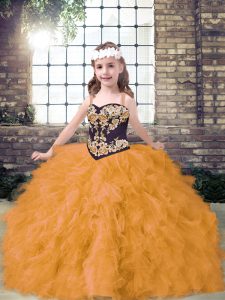 Attractive Gold Ball Gowns Straps Sleeveless Tulle Floor Length Lace Up Embroidery and Ruffles Little Girls Pageant Dres