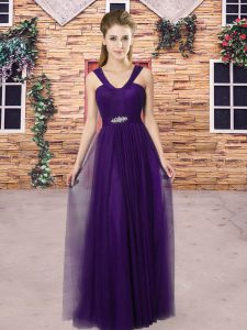 Eggplant Purple and Purple Sleeveless Floor Length Ruching Zipper Quinceanera Court of Honor Dress