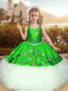 Green Ball Gowns Embroidery and Ruffles Pageant Dress for Teens Lace Up Organza Sleeveless Floor Length