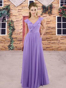Dramatic V-neck Sleeveless Court Dresses for Sweet 16 Floor Length Beading and Ruching Lavender Chiffon