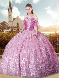 Lilac Tulle Lace Up 15 Quinceanera Dress Sleeveless Floor Length Sweep Train Appliques