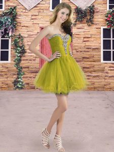 High Quality Olive Green A-line Beading and Ruching Quinceanera Court of Honor Dress Lace Up Tulle Sleeveless Mini Lengt