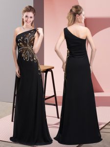 Black Column/Sheath One Shoulder Sleeveless Chiffon Floor Length Side Zipper Beading Prom Evening Gown