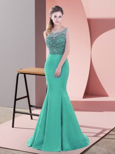 Stylish Beading Prom Dresses Turquoise Backless Sleeveless Sweep Train