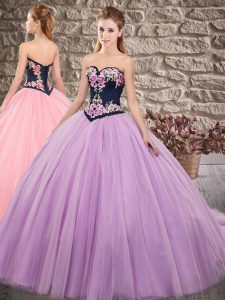 Sweep Train Ball Gowns Quinceanera Gowns Lavender Sweetheart Tulle Sleeveless Lace Up