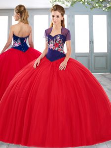 Suitable Red Tulle Lace Up Sweet 16 Dresses Sleeveless Floor Length Embroidery