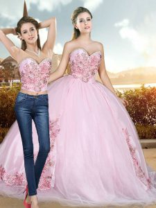 Sleeveless Sweep Train Lace Up Beading and Appliques Quinceanera Dress