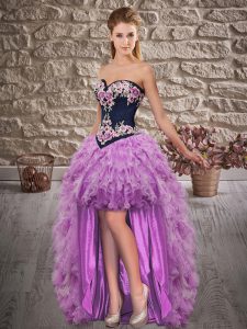 Custom Design Lilac and Black And Purple Sleeveless Embroidery and Ruffles High Low Prom Dresses