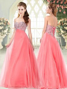 Glamorous Watermelon Red A-line Sweetheart Sleeveless Tulle Floor Length Lace Up Beading Prom Dress