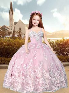 Gorgeous Pink Sleeveless Tulle Lace Up Little Girls Pageant Dress for Party and Quinceanera