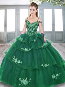Decent Green Sleeveless Tulle Lace Up Sweet 16 Dress for Military Ball and Sweet 16 and Quinceanera