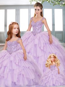 Sweet Lavender Ball Gowns Spaghetti Straps Sleeveless Organza Floor Length Lace Up Beading and Lace Quince Ball Gowns
