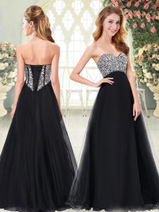 Delicate Black Sleeveless Floor Length Beading Lace Up Prom Gown