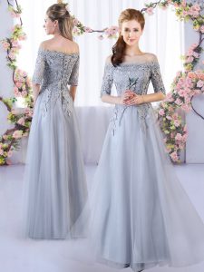 Empire Quinceanera Court Dresses Grey Off The Shoulder Tulle Half Sleeves Floor Length Lace Up