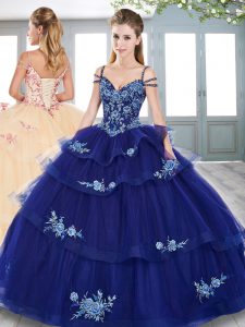 Great Spaghetti Straps Sleeveless Tulle Sweet 16 Quinceanera Dress Embroidery Lace Up