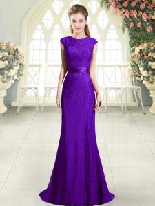 Dark Purple Backless Scoop Beading Prom Dresses Lace Sleeveless Sweep Train