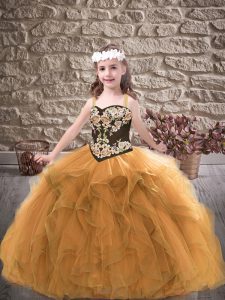 Sleeveless Floor Length Embroidery and Ruffles Lace Up Child Pageant Dress with Gold
