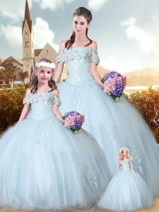 Latest Off The Shoulder Sleeveless Tulle Quinceanera Gown Beading and Lace and Appliques Lace Up
