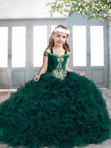Off The Shoulder Sleeveless Sweep Train Lace Up Little Girl Pageant Dress Dark Green Organza