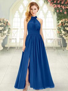 High End Sleeveless Ankle Length Ruching Zipper Evening Dress with Blue