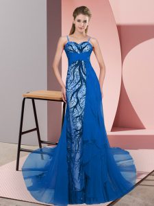 Free and Easy Spaghetti Straps Sleeveless Sweep Train Zipper Prom Party Dress Blue Tulle