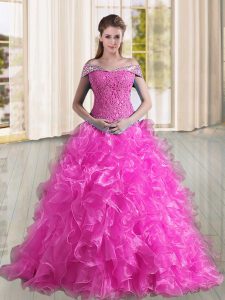Fitting Sleeveless Sweep Train Beading and Lace and Ruffles Lace Up Ball Gown Prom Dress