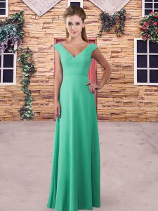Chiffon V-neck Sleeveless Lace Up Ruching Quinceanera Court of Honor Dress in Turquoise