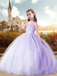 Lavender Sleeveless Floor Length Beading Lace Up Pageant Gowns For Girls