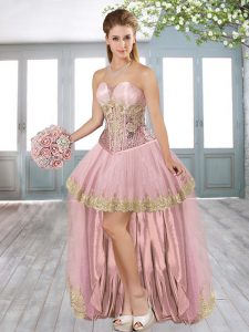 Glamorous Pink Prom Gown Prom and Party and Military Ball with Appliques and Sequins Sweetheart Sleeveless Lace Up