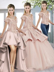 Artistic Baby Pink V-neck Neckline Beading and Appliques Quince Ball Gowns Short Sleeves Lace Up
