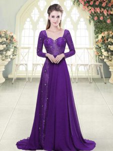 Suitable Chiffon Long Sleeves Sweep Train and Beading and Lace