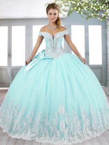 Deluxe Aqua Blue Lace Up Sweet 16 Quinceanera Dress Beading and Appliques and Bowknot Sleeveless Floor Length