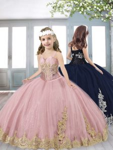Beauteous Sleeveless Floor Length Beading and Appliques Lace Up Little Girls Pageant Dress with Baby Pink